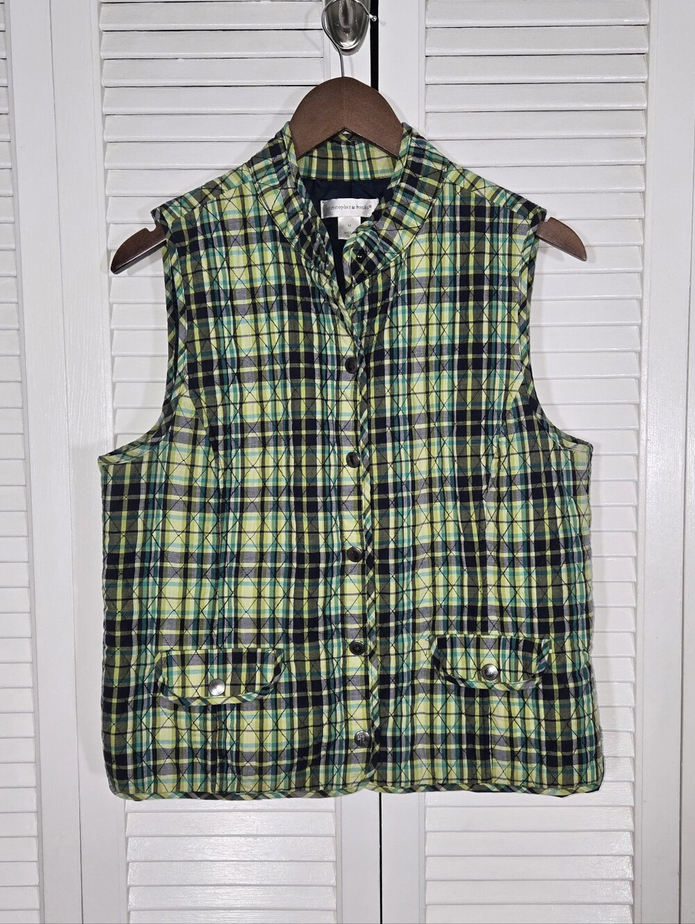 Christopher & Banks Sleeveless Quilted Plaid Vest - Lime Green/Black Sz M